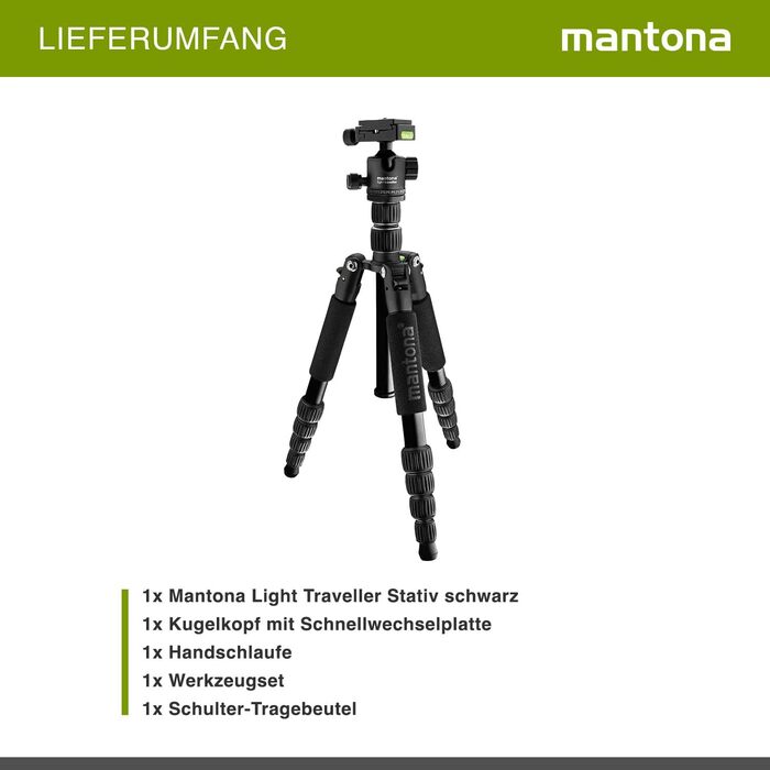 Штатив Mantona Light Traveller 131,5 см чорний: легкий фотоштатив з кульковою головкою та Arca-Swiss, до 5 кг, алюміній