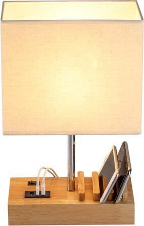 Настільна лампа Dreamholder з 3 USB-портами (A+C), підставкою для телефону, для спальні, вітальні, офісу, з натуральним дерев'яним цоколем та тканинним абажуром