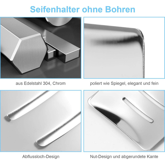 Тримач для мила без свердління, нержавіюча сталь, самоклеючий, корзина для мила, мильниця настінна для губок, щіток, мила, мильниця на стіну з 3M клейкою подушечкою для ванної кімнати, кухні, балкону, сріблястого кольору