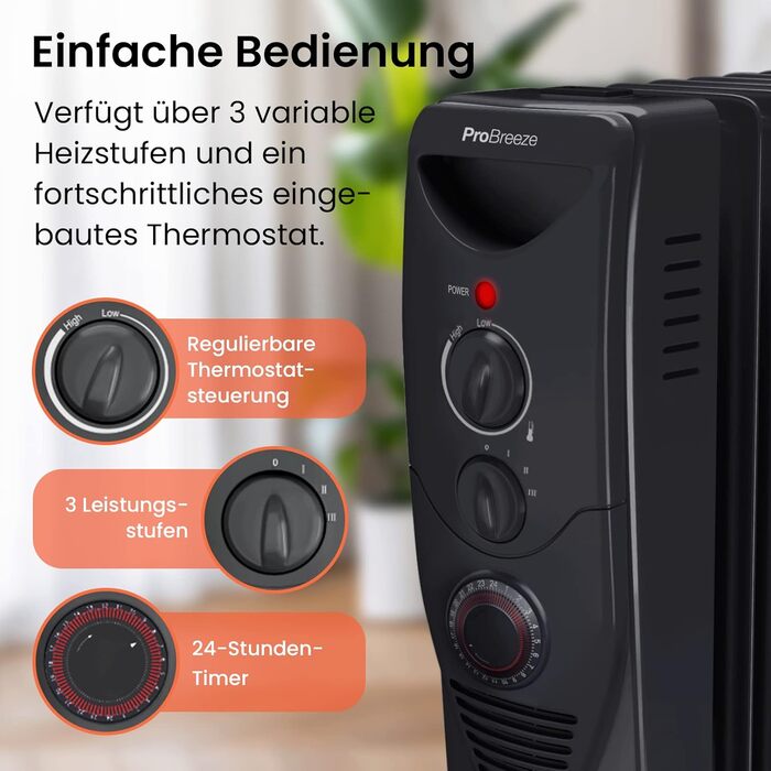 Електричний масляний радіатор Pro Breeze 2500W з таймером, 3 режими, термостат, захист від перегріву, білий/чорний