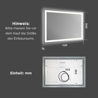 Дзеркало для ванної кімнати з підсвічуванням 50x70 см, сенсорне керування, протитуманне покриття, 3 кольори світла, регулювання яскравості, пам'ять налаштувань, матове, прямокутне