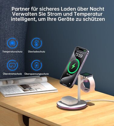 3-в-1 Індукційна Зарядка для Кілька Пристроїв, 15W MagSafe, iPhone 15/14, iWatch Ultra/Series 9/8, AirPods, Білий/Фіолетовий