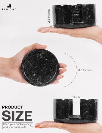 Radical coasters for drinks, marble, 8.9 cm, handmade, for cups and glasses, coaster set for kitchen, car, office, white, set of 6 (black)