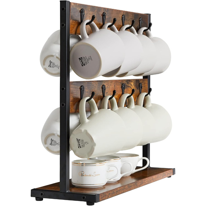 Vintage Mug Holder with 8 Hooks, Coffee Cup Holder for Countertop, Cup Stand with Storage Bottom, for Kitchen Dining Room Cafe 40 x 15 x 40 cm, TBJ002H (without shelf, Vintage Brown)