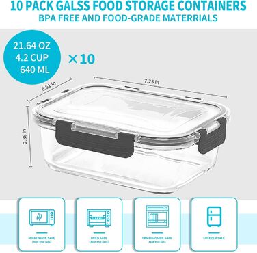 Skroam Glass Food Storage Containers 20 Piece 640ml [10 Containers + 10 Lids] - Meal Prep Boxes for Food - Transparent Lids - for Home Kitchen or Restaurant