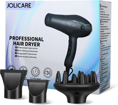 Фен Jolicare з іонізацією та насадкою-дифузором, 2400W, блакове світло, професійний для локонів, салонний, з 1 дифузором та 2 концентраторами, 3 температурні режими, 2 швидкості (Чорний)