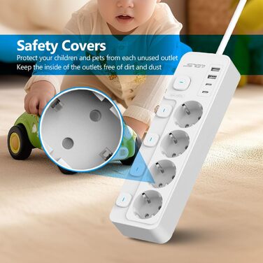 Многорозеткова смуга JSVER 5-портова з індивідуальними вимикачами, 2 USB-A та 2 USB-C (17W), 2м кабель, для смартфонів та ноутбуків, білий