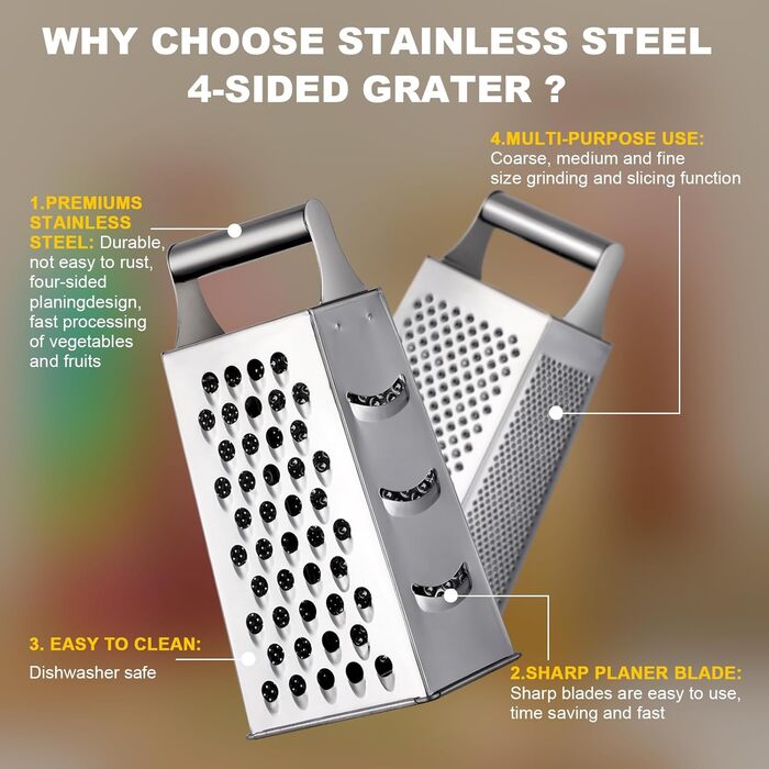 Тёрка YDware з нержавіючої сталі, квадратна, 23,7 см, для овочів, 1 шт. (срібна)