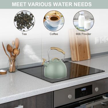 Чайник-заварник Flintronic з нержавіючої сталі, 3л, з дерев'яною ручкою, для всіх плит, чайник-заварник для чаю та кави (зелений)