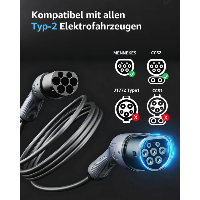 Кабель зарядки для електромобіля Bokman Typ 2, 11 кВт, 16A, 3 фази, 5 метрів, з сумкою та мікрофіброю