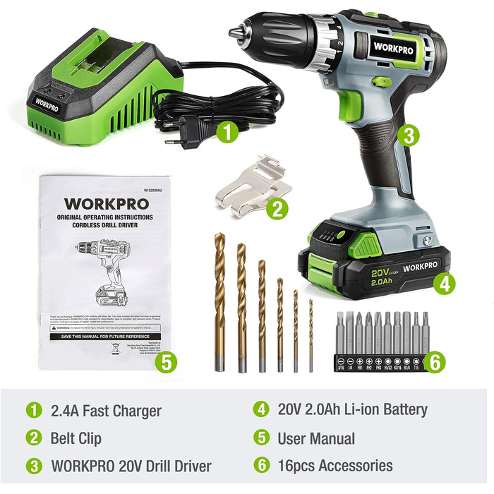 WORKPRO Акумуляторний шуруповерт 18V/20V з 16 насадками, крутним моментом 25NM та регульованою швидкістю, LED-підсвічуванням, 2-ма режимами обертання, акумулятором 2.0Ah Li-Ion та швидким зарядним пристроєм
