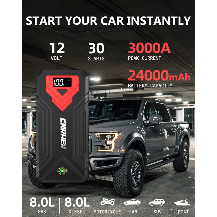 Портативний пусковий пристрій Starthilfe Powerbank для автомобіля: 3000A, LED ліхтарик, 12V, для бензинових та дизельних двигунів (до 10L)