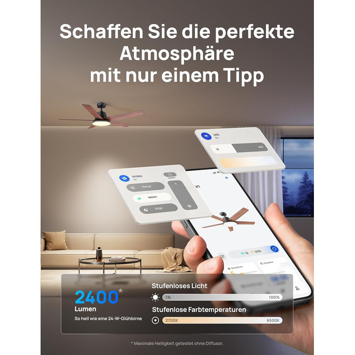 Дрео Смарт стельовий вентилятор з підсвічуванням, 132 см, 12 швидкостей, 3 режими, регульоване LED-підсвічування, тихий DC-двигун, 12H таймер, керування пультом/APP/Alexa, для приміщень (Чорний)