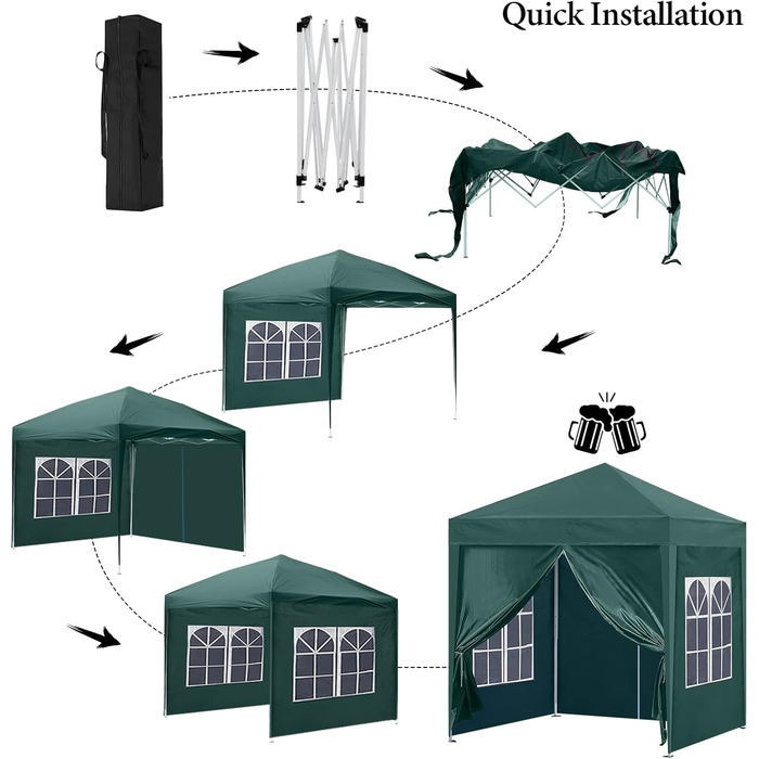 CLIPOP Pop-Up Pavilion 3 x 3 m, Outdoor Folding Pavilion with 4 Side Walls and Carry Bag, UV Protection Garden Pavilion for Wedding, Outdoor, Camping, Beach (Green)
