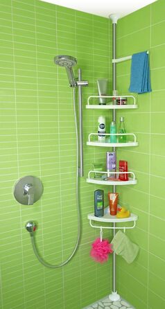 stardis Telescopic Corner Shelf, Stainless Steel, Rust-Proof with 4 Shelves, Shower Shelf, Telescopic Shelf for Shower, Bathroom, Shower Shelf, Height Adjustable from 120-300 cm, White