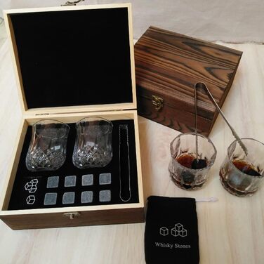 Набір для віскі з каменями, 8 каменів, 2 склянки 200 мл, 2 підставки, дерев'яна коробка, оксамитовий мішечок, пінцет. Подарункова коробка для чоловіків