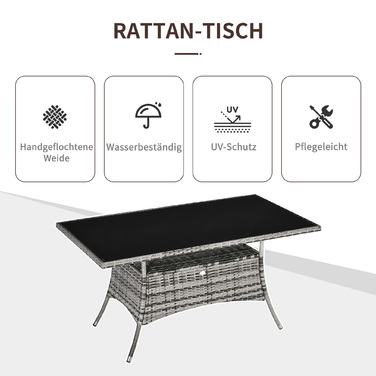 Столовий набір Outsunny з ротангу Polyrattan, скляний стіл 150x85x74 см із захисним склом сірого та чорного кольорів для саду, балкону, тераси