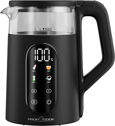 Скляний електрочайник ProfiCook PC WK 1328 G з регулюванням температури 40-100°C, 1.7л, 2200Вт, функція підігріву та швидкого старту