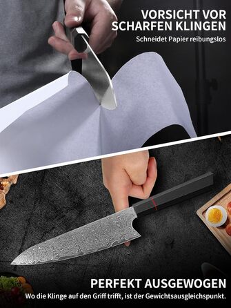 Японський ніж кухарський з дамаської сталі Plys: професійний ніж шеф-кухаря з чорним дерев'яним руків'ям