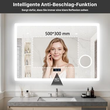 Дзеркало для ванної кімнати LUVODI з підсвічуванням 100x70 см: годинник, температура, дата, проти запотівання, регулювання яскравості, 3 кольори світла, функція пам'яті, LED, Bluetooth, збільшення 3x