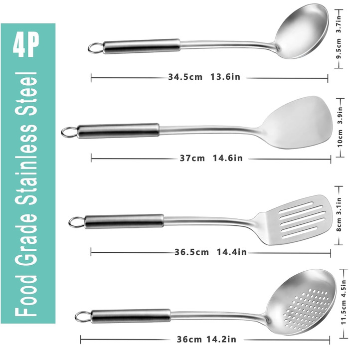 Набір кухонного приладдя Pleafind 4 шт. з нержавіючої сталі (304) - ложка, шумовка, лопатка, ложка для супу