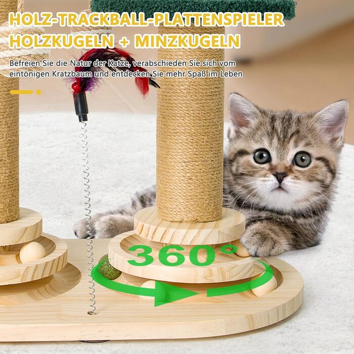 Інтерактивне котяче іграшкове комбо 6-в-1: дерев'яні меблі, кульки, пір'я, м'яч-трекер, когтеточка з сизалю та джуту для котів середніх та маленьких порід (білий, зелений)