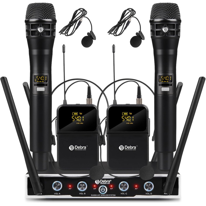 Debra 4-канальний UHF мікрофонний набір з 16 частотами | Дальність дії 80м, 4x Bodypack + Headset/Lavalier | Якість студійної звукозапису для співу, караоке та конференцій (2HD2LR2HT)