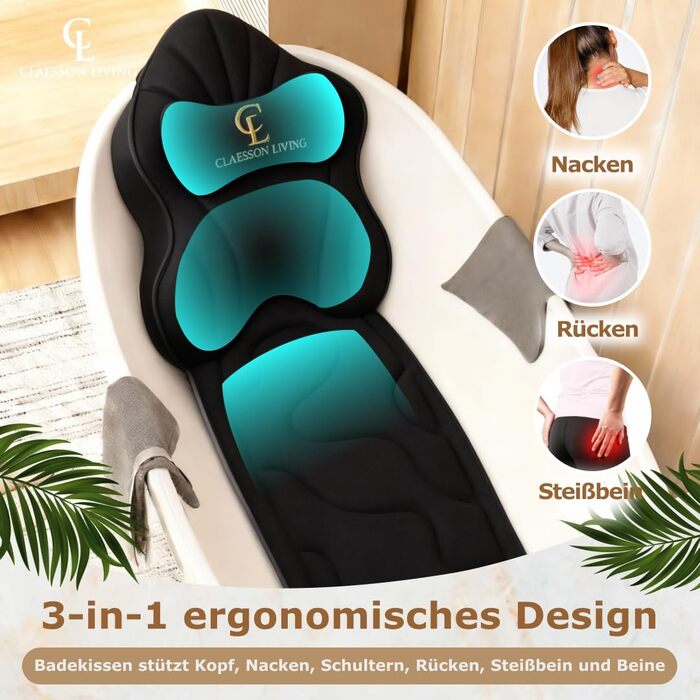 Подушка для ванни повного тіла, 126x41 см. Килимок для ванни з підголовником (13 см) для підтримки шиї, спини та ніг. З мішком для прання та подорожей та гачком для сушіння. Білий (Темно-чорний)