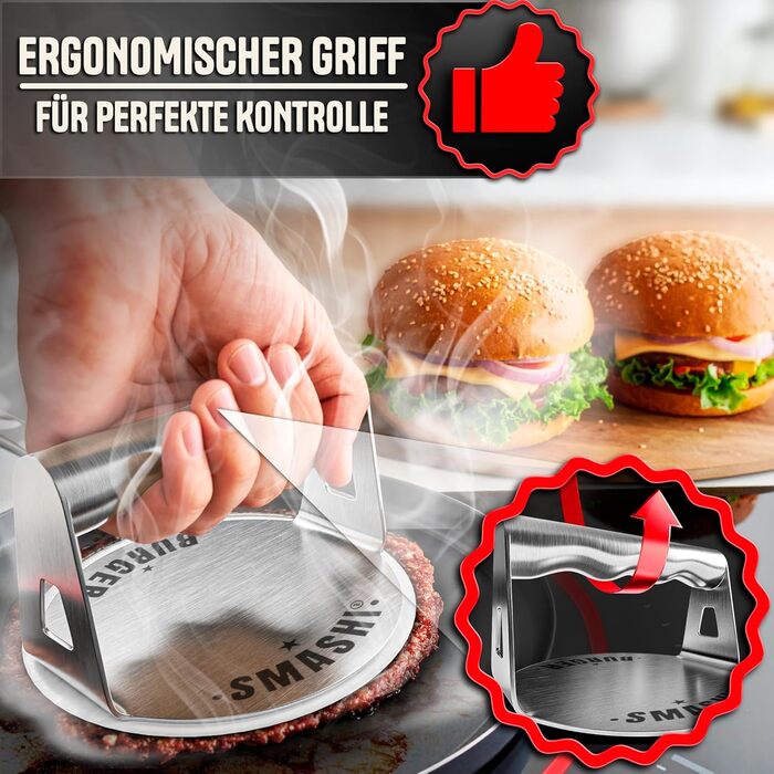 Набір для приготування Smash Burger SMASHI® з нержавіючої сталі 304 – професійний набір з антипригарною пресом, лопаткою для гриля та бургер-дзвоном – з рецептами (Supreme)