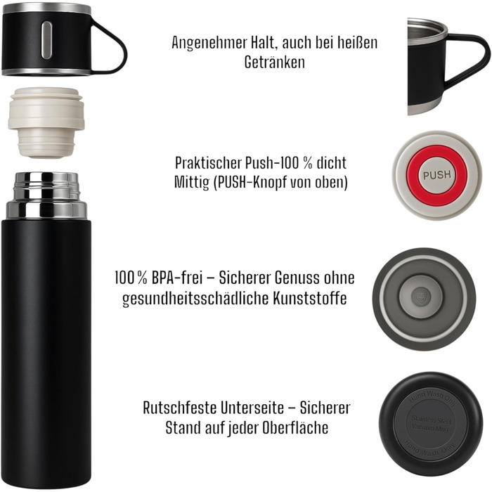Термофляга 500 мл з нержавіючої сталі – 2 чашки з ручкою – без витоку, BPA-free – з щіткою для чищення – колір: чорний