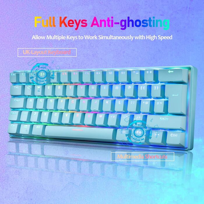 Ігровий комплект клавіатури та миші MK21: механічна клавіатура 60% з RGB підсвічуванням (62 клавіші), миша 6400 DPI та килимок для миші. Сумісний з PS4, Xbox, PC. Кольори: чорний/блакитний (Blue Switch)