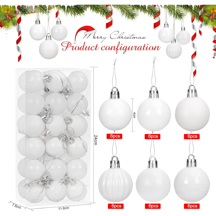 Набір прикрас на ялинку 36 шт, пластикові кулі 4 см, набір ялинкових прикрас для святкування, новорічний декор (білий)