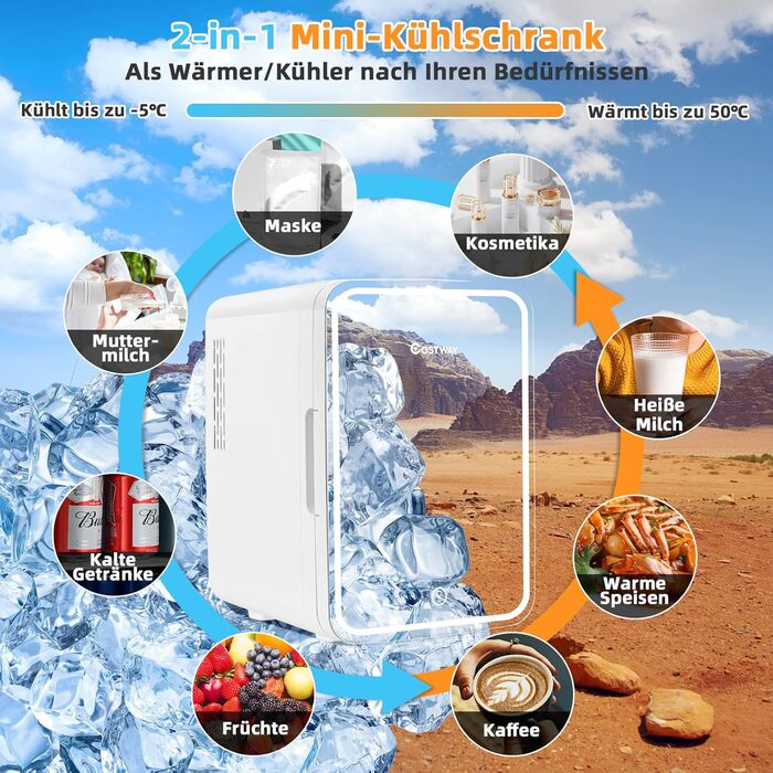 COSTWAY 10L Skincare Fridge - Mini Glass Door Fridge with Touch Screen Mirror & Cooling/Heating for Beauty & Cosmetics