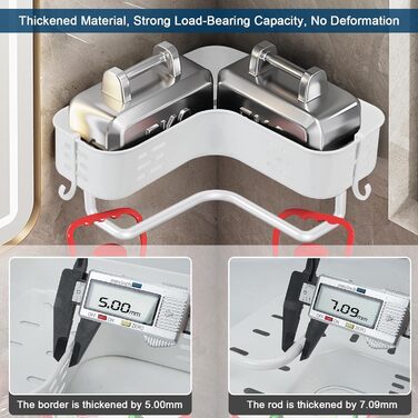 Поличка для душу без свердління, кутова, для ванної кімнати, органайзер, з 2 гачками (біла)
