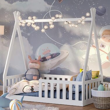 Bellabino Tajo Tipi Bed Base for Children 70x140 cm, House Bed made of Solid Pine Wood with Fall Protection/Fence and Slatted Frame in White for Children from 3 Years 70 x 140 cm White