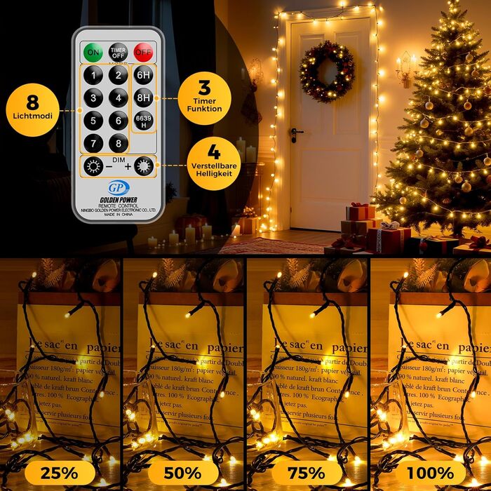 Гірлянда світлодіодна для прикраси ялинки та інтер'єру, 25м, 250 LED, тепле біле світло, 8 режимів, пульт, таймер, IP44, для дому та саду