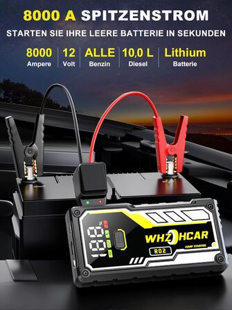 Powerbank для автомобіля 8000A 12V – Пусковий пристрій, бустер для акумулятора, зарядний пристрій для бензинових та дизельних авто (до 10л) з LCD дисплеєм, LED ліхтарем та кабелями для підключення (чорний)