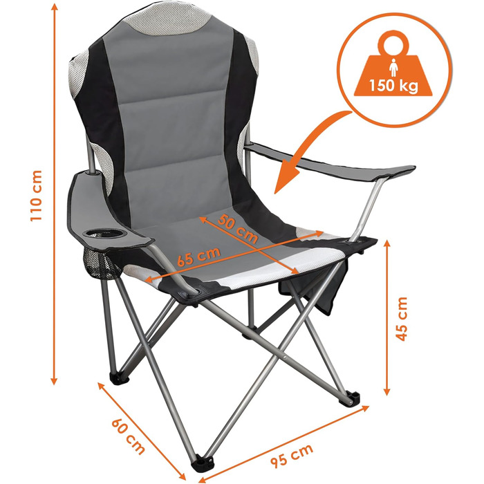 Крісло кемпінгове Spetebo XXL Deluxe антрацит, до 150 кг - широке, зручне, стабільне