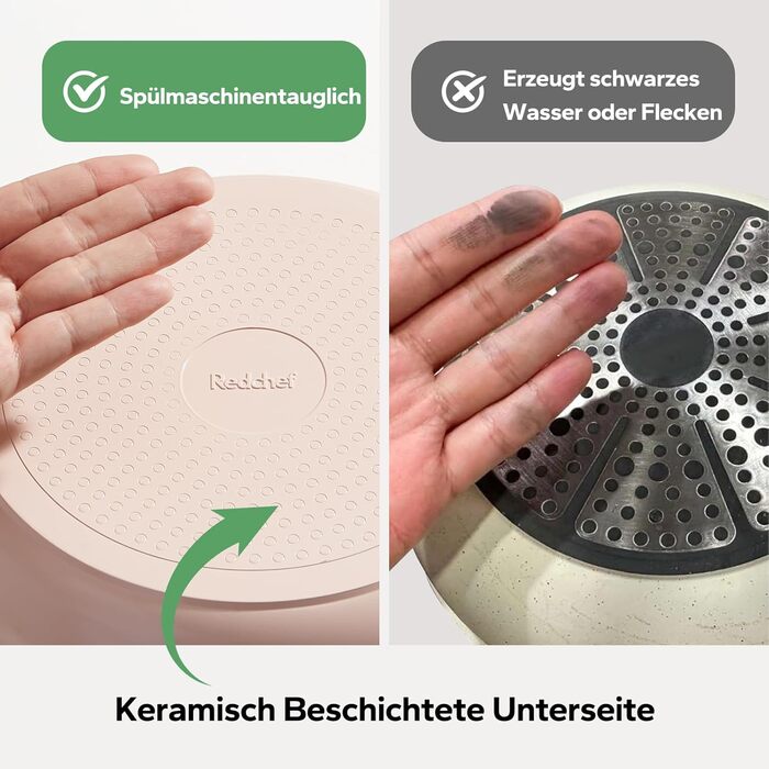 Набір посуду Redchef 16 предметів з антипригарним покриттям Ceramic, знімні ручки. Включає: сковороду 20/26 см, глибоку сковороду 26 см, каструлі 18/20 см. Підходить для всіх типів плит, духовка, можна складати. Колір: бежевий/рожевий