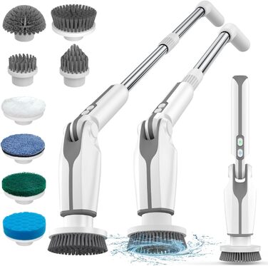 Leebein Electric Cleaning Brush, 2024 New Spin Scrubber with 8 Interchangeable Brush Heads, Remote Control, Adjustable Long Handle 38-132CM & 2 Speeds and for Bathroom/Kitchen