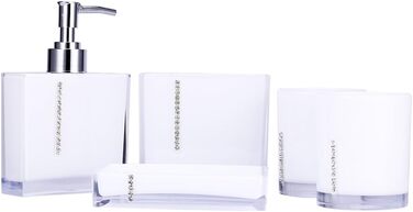 5-Piece Bathroom Accessories Set includes emulsion bottle, toothbrush holder, 2 rinsing cups, soap dish, plastic gift bath set, white