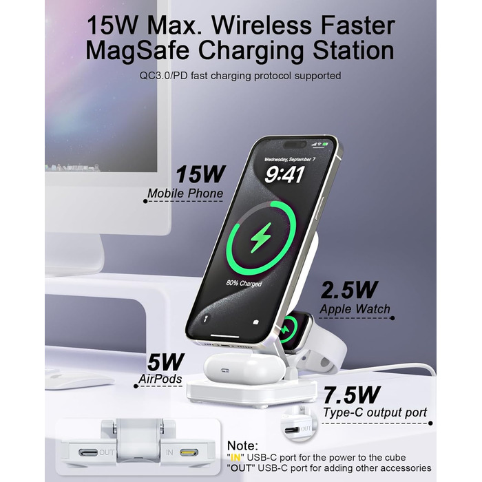 Зарядний пристрій MagSafe 5-в-1 з бездротовою зарядкою 15W для iPhone 17/16/15/14/13/12, AirPods 3/2/Pro (з адаптером 25W та кабелем USB-C 1м)