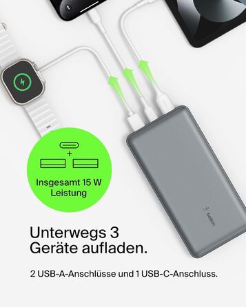 Powerbank Belkin 20000mAh з USB-C та USB-A, 20K, сірий, для iPhone, Galaxy, Pixel, iPad, AirPods