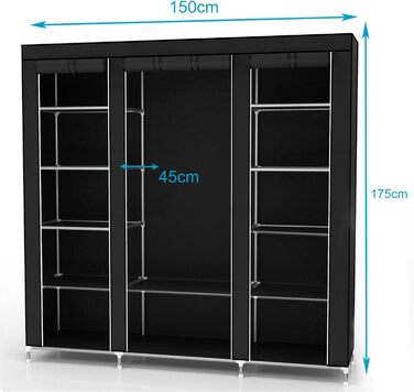 INTIRILIFE Folding Wardrobe 150x175x45 cm in Raven BLACK - with Zipper Fabric Wardrobe, Clothes Rack, Compartments and Side Pocket - Camping Pop-up Wardrobe Textile Clothes Rack