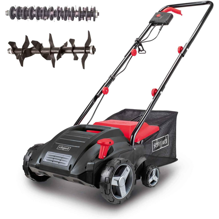 Scheppach Electric Scarifier SC32 | 1500W Power | Working Width 32cm | 30 L Collection Basket | 4-Position Height Adjustment/up to 4mm | Scarifying Roller (16 Blades) and Aeration Roller (36 Tines)