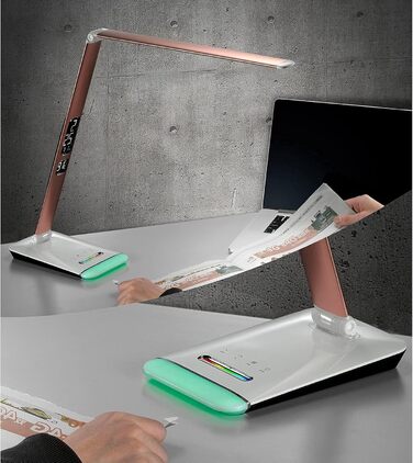 LED лампа Eaxus® для робочого столу 12 Вт з RGB підсвічуванням - регульована настільна лампа 500 lm, сенсорне управління, годинник, календар та індикатор температури, офісна лампа, аксесуари для столу, мідного кольору