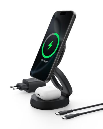Бездротова зарядна станція 2-в-1 Belkin BoostCharge Qi2 15W MagSafe для iPhone 17, AirPods, Pixel, з блоком живлення 30W, чорна