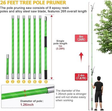 Telescopic pole pruner 8m handsaw, adjustable length, palm high-reach pole with carrying bag, garden tool for cutting palms and shrubs.