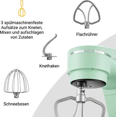 Кухонний комбайн KLAMER 1800W, планетарний міксер для тіста з чашею з нержавіючої сталі 6л (Premium Mint)