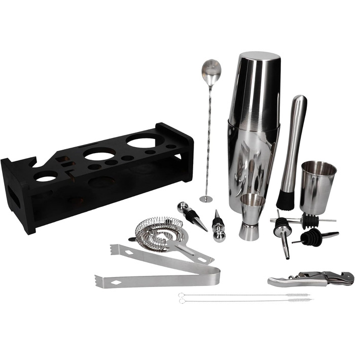 Набір для коктейлів Whiskey Rocks 17-Piece з бамбуковим підставкою: шейкер, мірний стакан, товкачик, ложка, з нержавіючої сталі, сріблястий